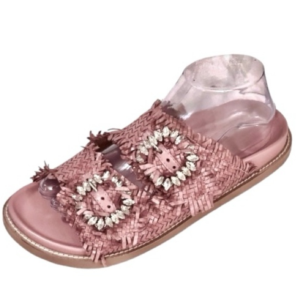 Anthropologie Coral Blue Italian Woven Leather Jeweled Footbed Buckle Sandal 8.5 - Picture 4 of 14